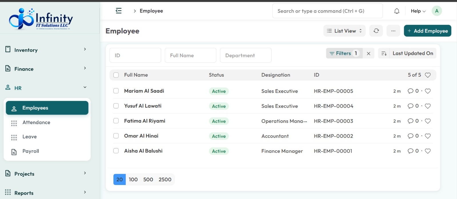 Infinity ERP — Employee module